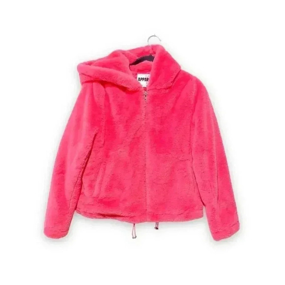 Apparis Chelsea Hot Pink Faux Fur Plush Vogue Hooded Zip Jacket Size Medium - Picture 1 of 11